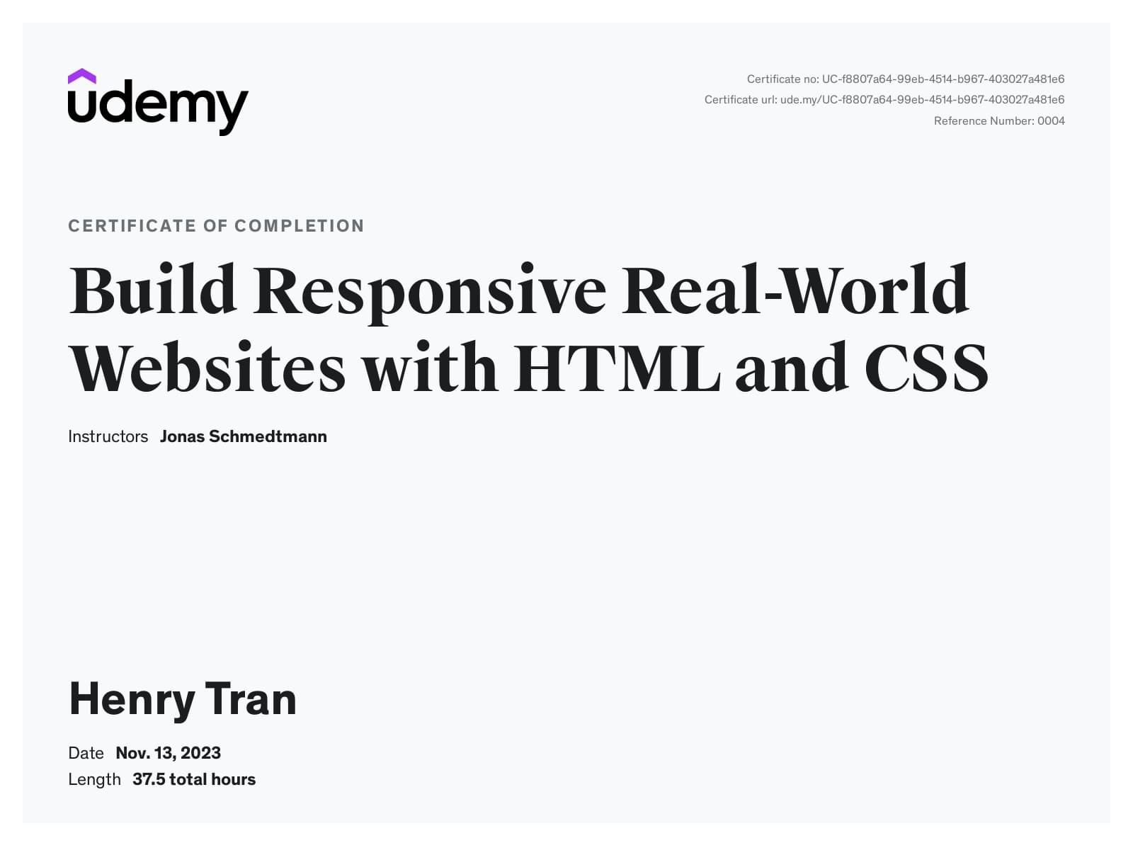 Certificate of completion HTML and CSS course on Udemy