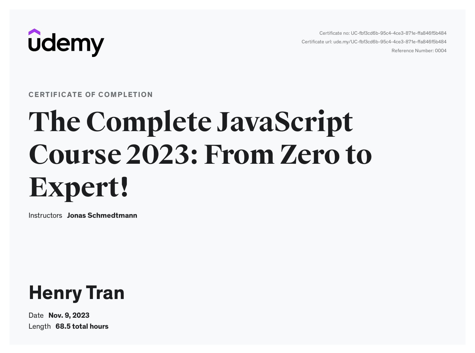 Certificate of completion Javascript course on Udemy