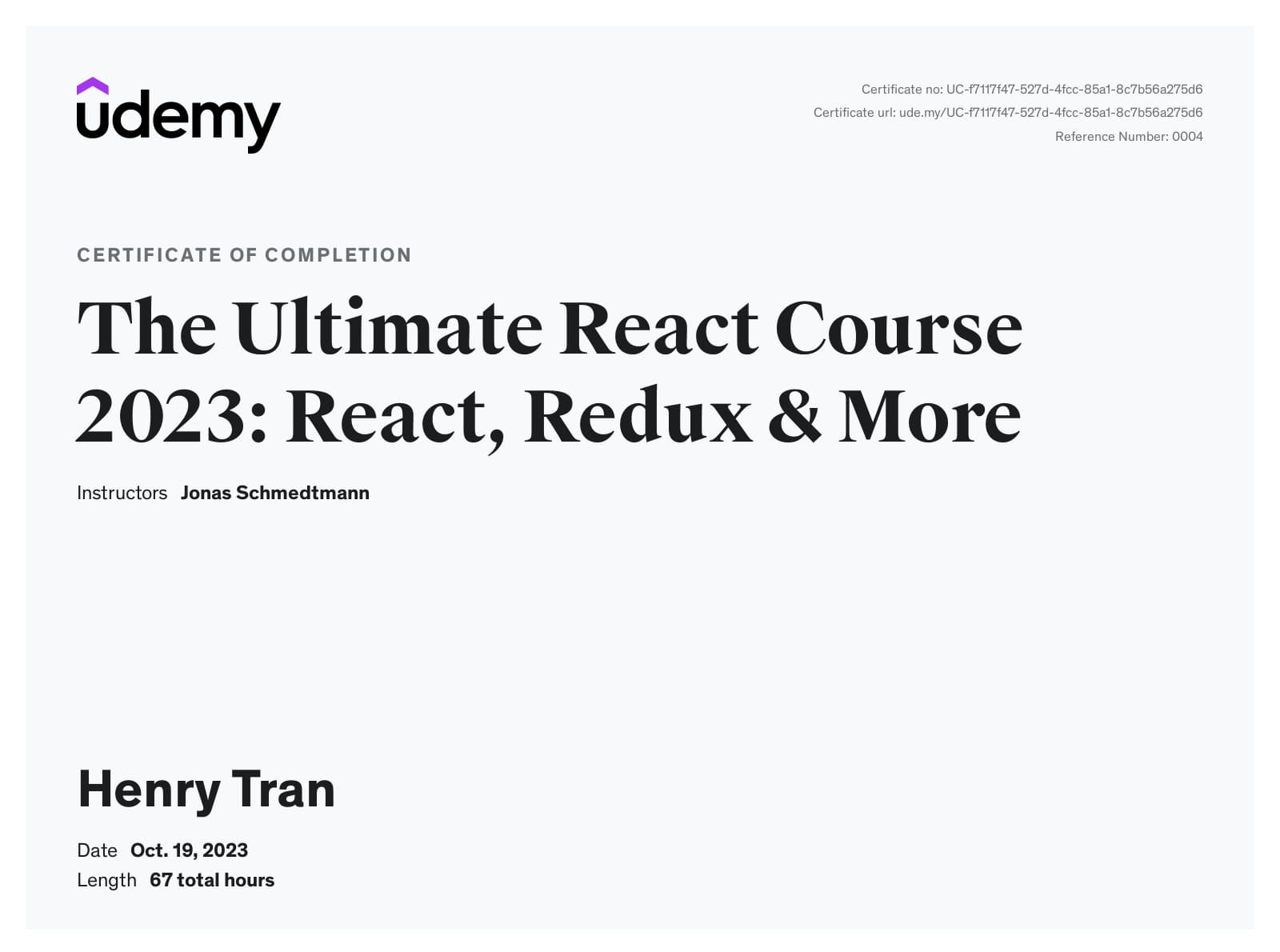 Certificate of completion ReactJS course on Udemy